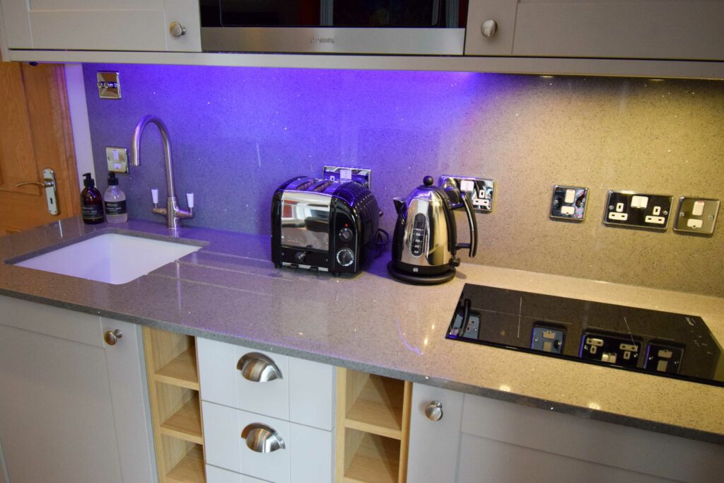 The kitchenette area in our Allanbreck Luxury Hideaway accommodation near Glencoe has a combi-microwave and hop for cooking simple snacks.