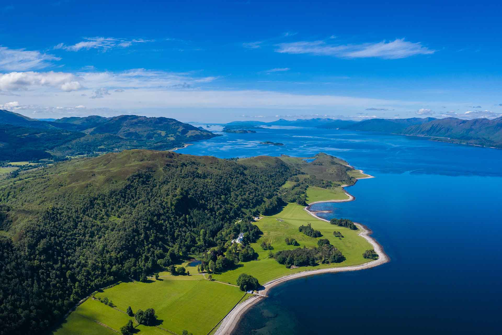 An aerial view of Loch Linnhe looking down towards Oban and the Western Isles